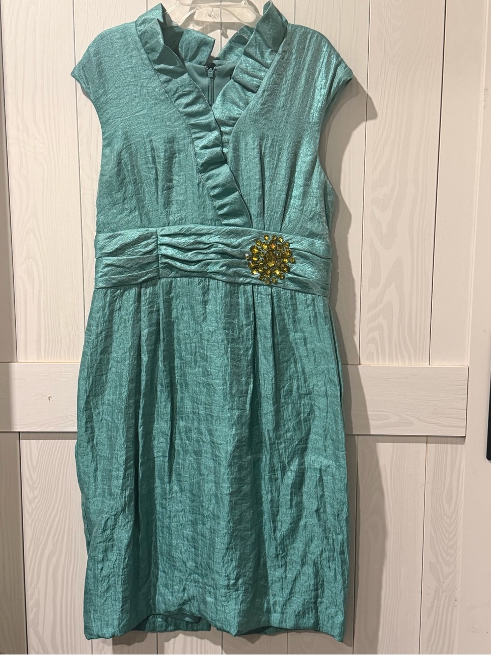 Jessica Howard Teal Ruffle Front Dress with Gold Brooch Accent